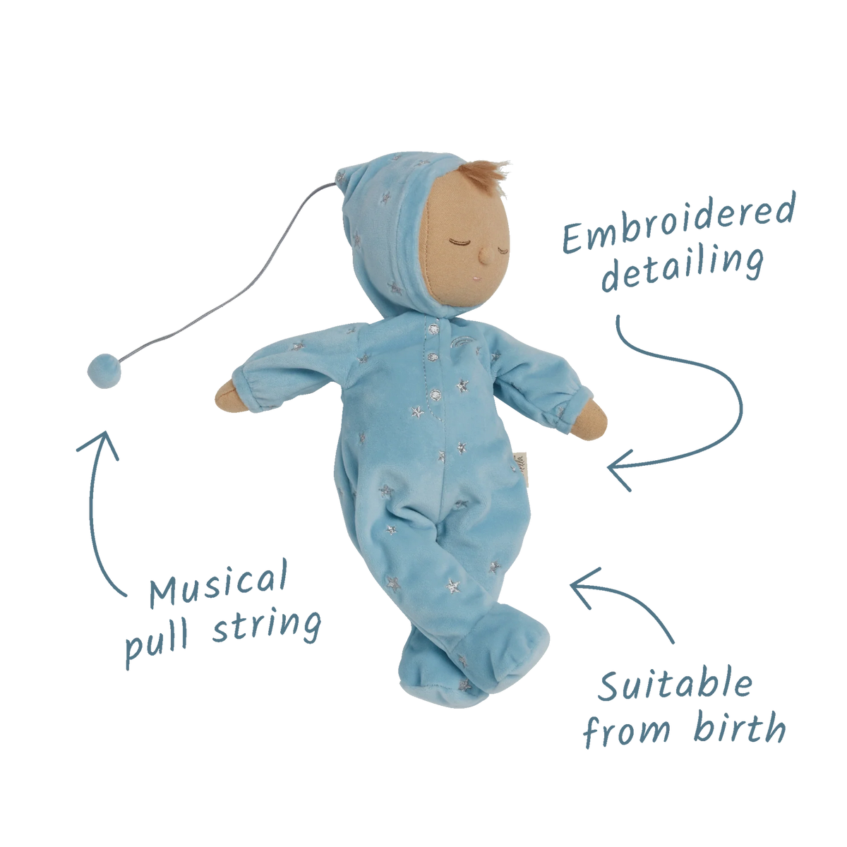 Baby doll in blue outfit with musical pull string and embroidered detailing on a white background
