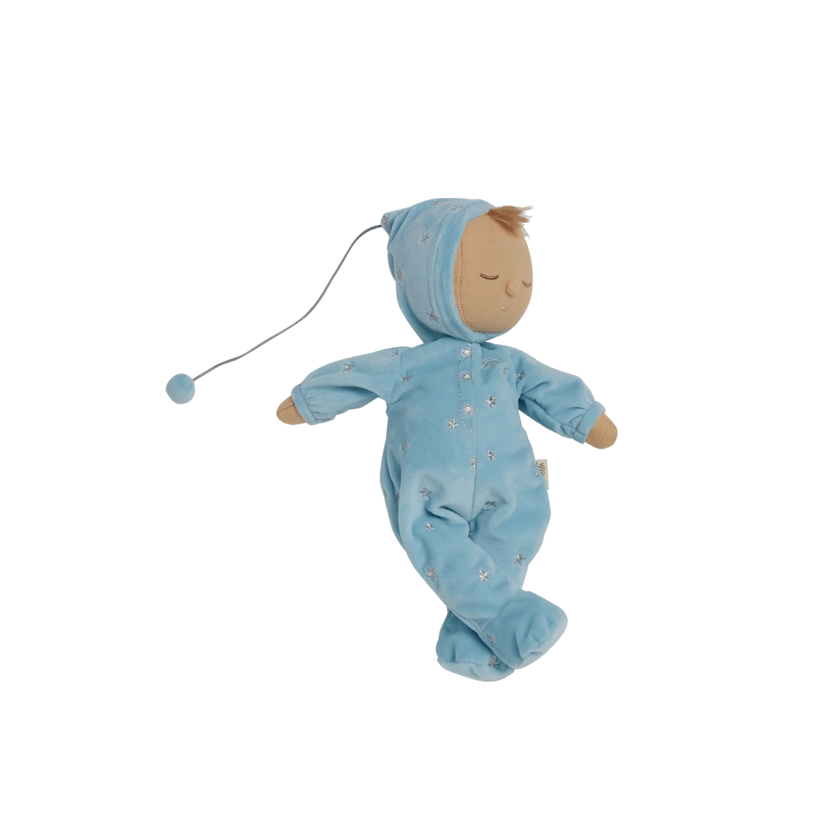 Baby doll in a blue outfit with a white background