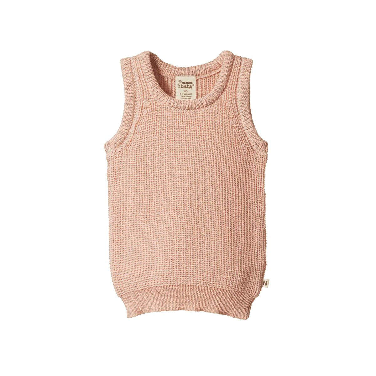 A sleeveless knit vest top in a dusty rose pink color, featuring a textured waffle-knit pattern, ribbed neckline, armholes, and hem, shown flat on a white background.