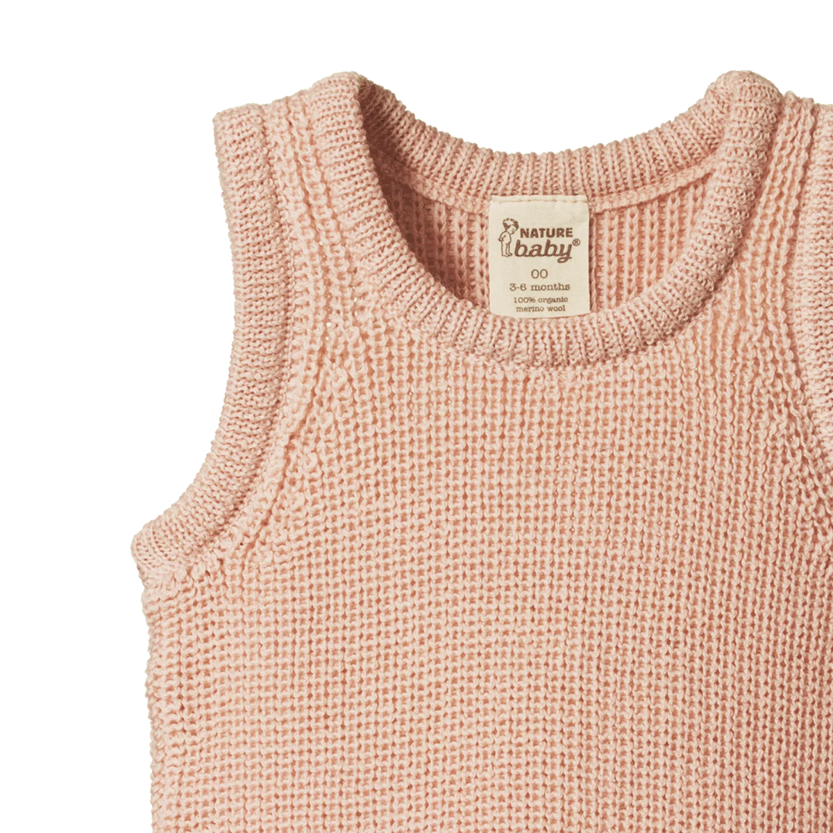Close-up of a  knit vest top in a dusty rose pink color, showing the textured waffle knit fabric and a cream-colored 'Nature's baby' brand label inside the collar.
