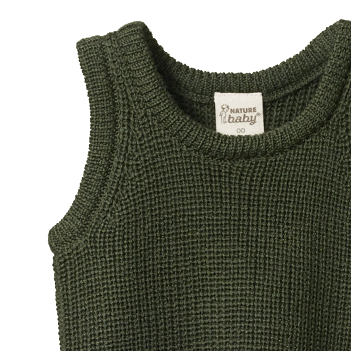 Green knitted vest with a visible brand label on a white background