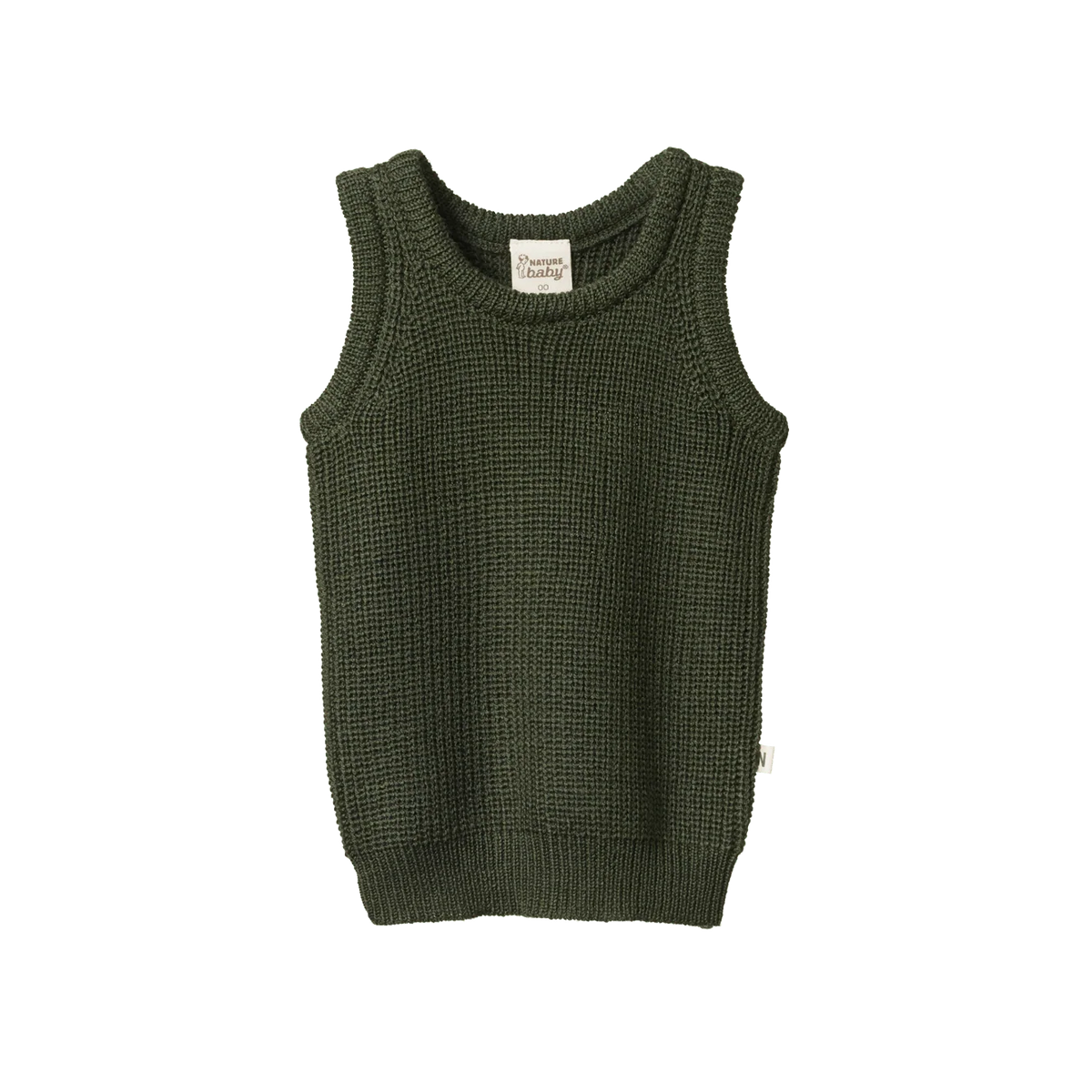 An olive green knit sleeveless vest for  shown flat against a solid white background.