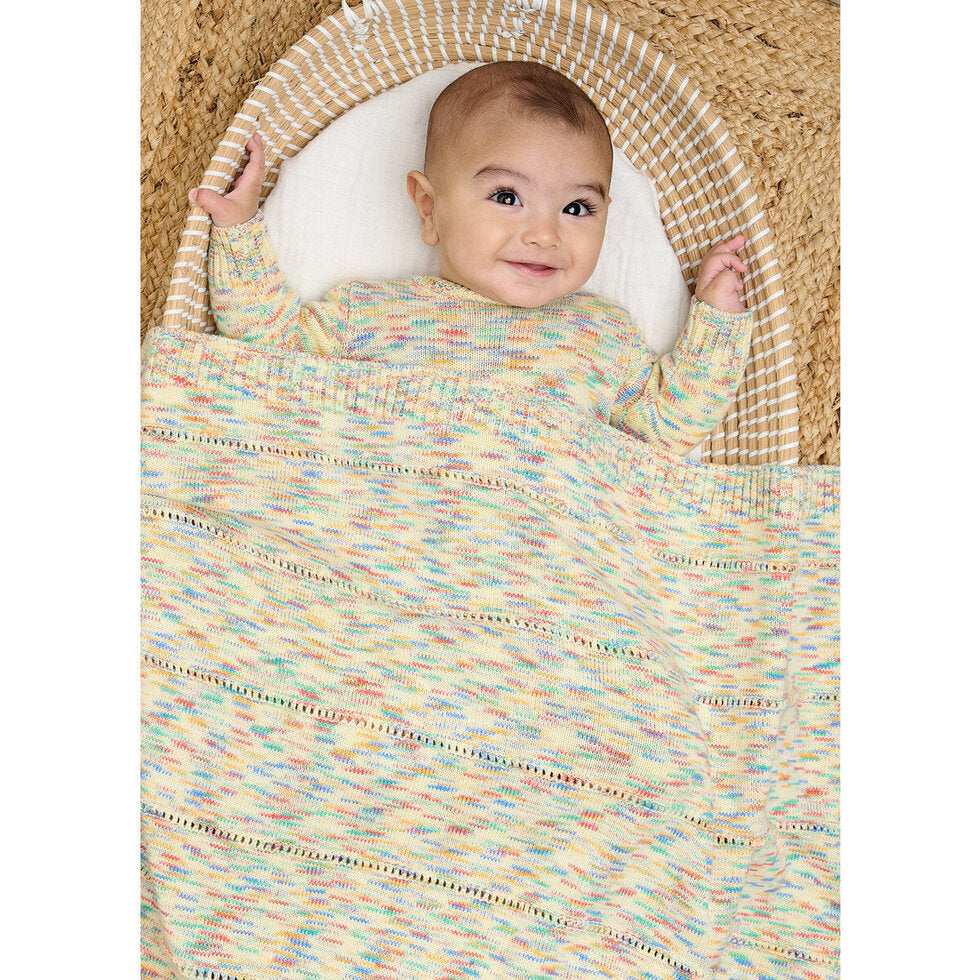 Multicolored woven baby blanket on a white background