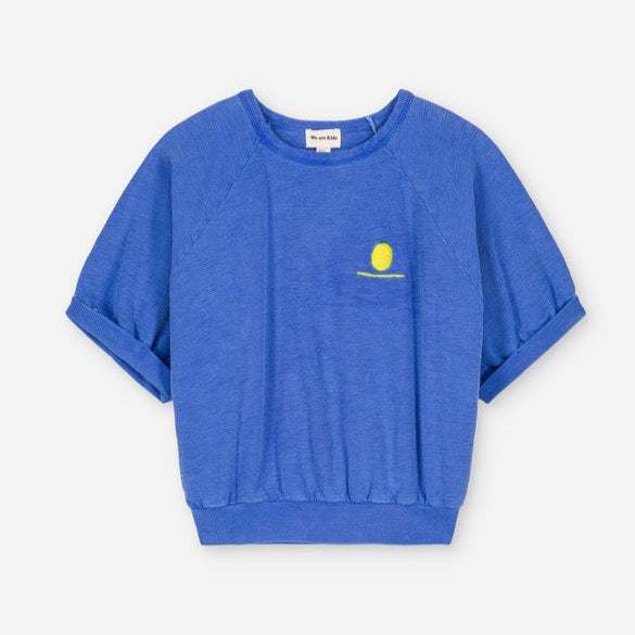 A blue jersey sweatshirt tee with short sleeves and a small logo on the chest.