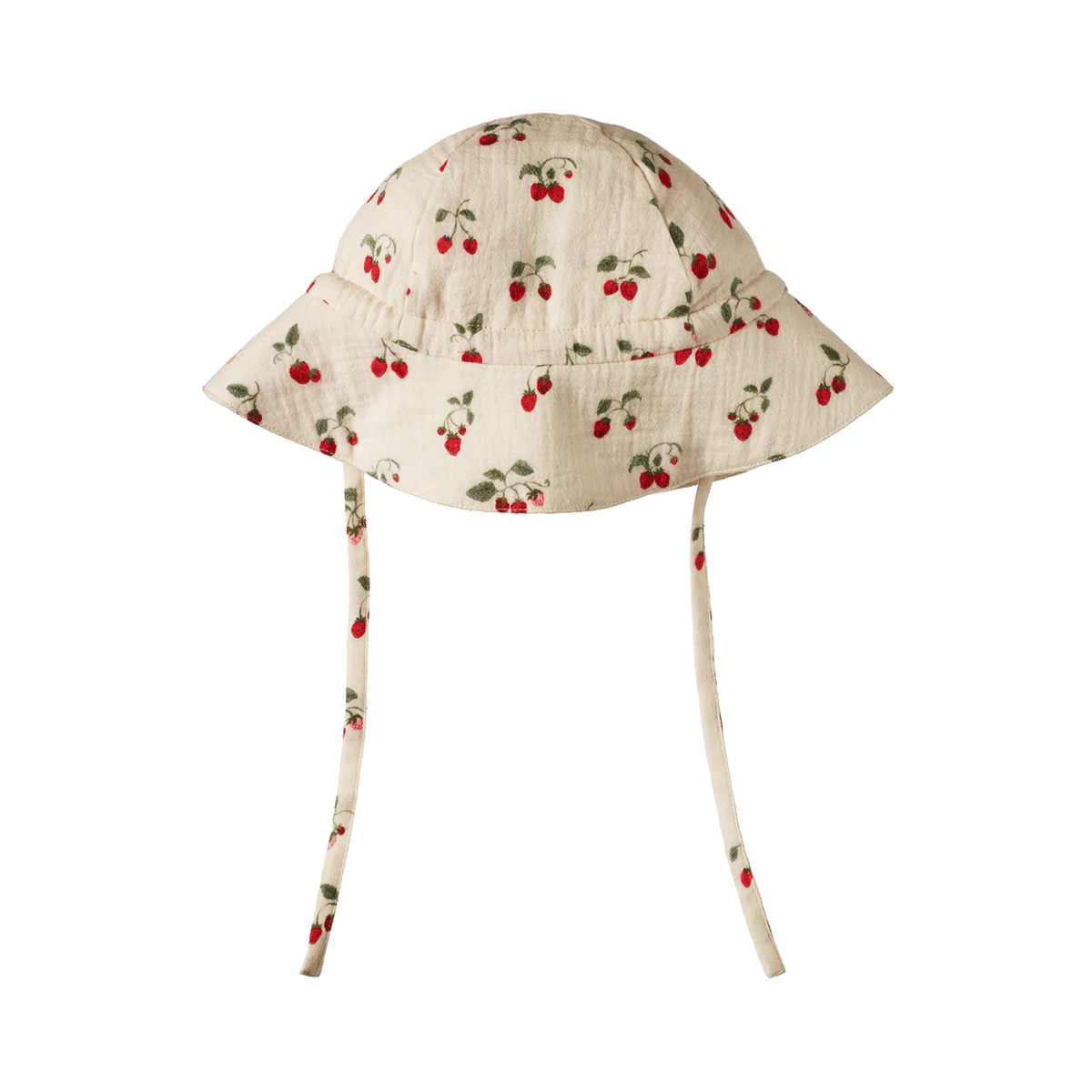 Children's sun hat with strawberry pattern on a white background