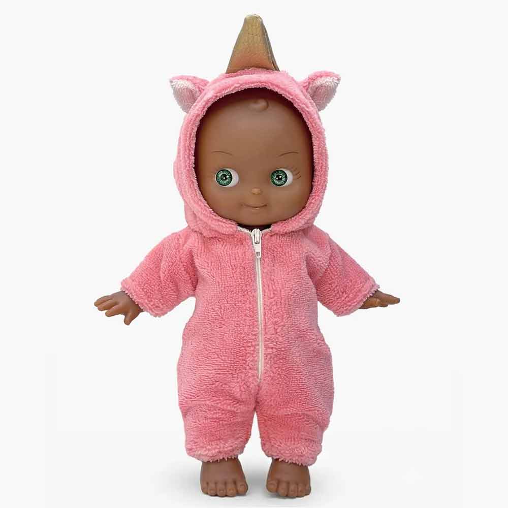 Minikane Mini Pancha Doll Prunelle with pink unicorn jumpsuit