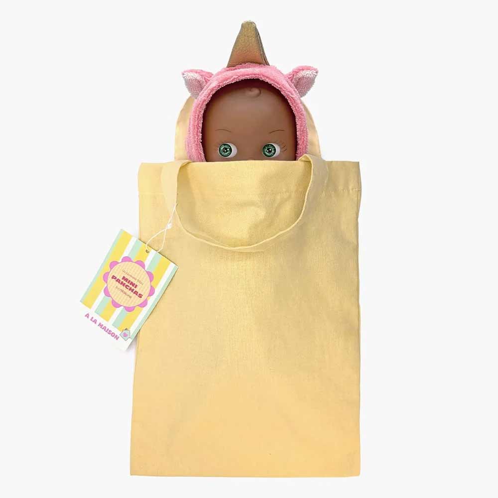 Minikane Mini Pancha Doll Prunelle with pink unicorn jumpsuit