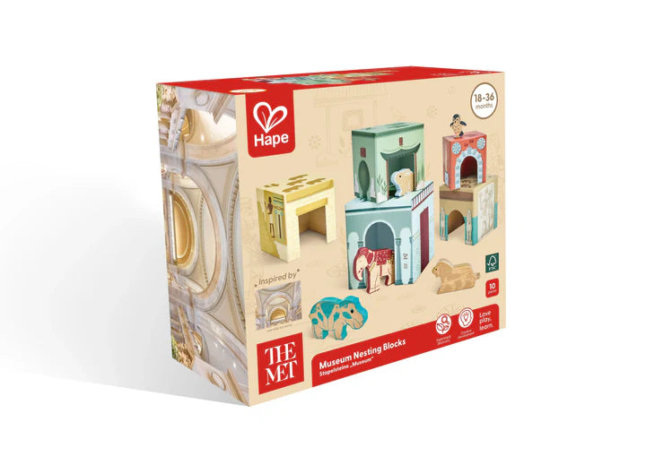 Box of Hape Museum Nesting Blocks on a white background