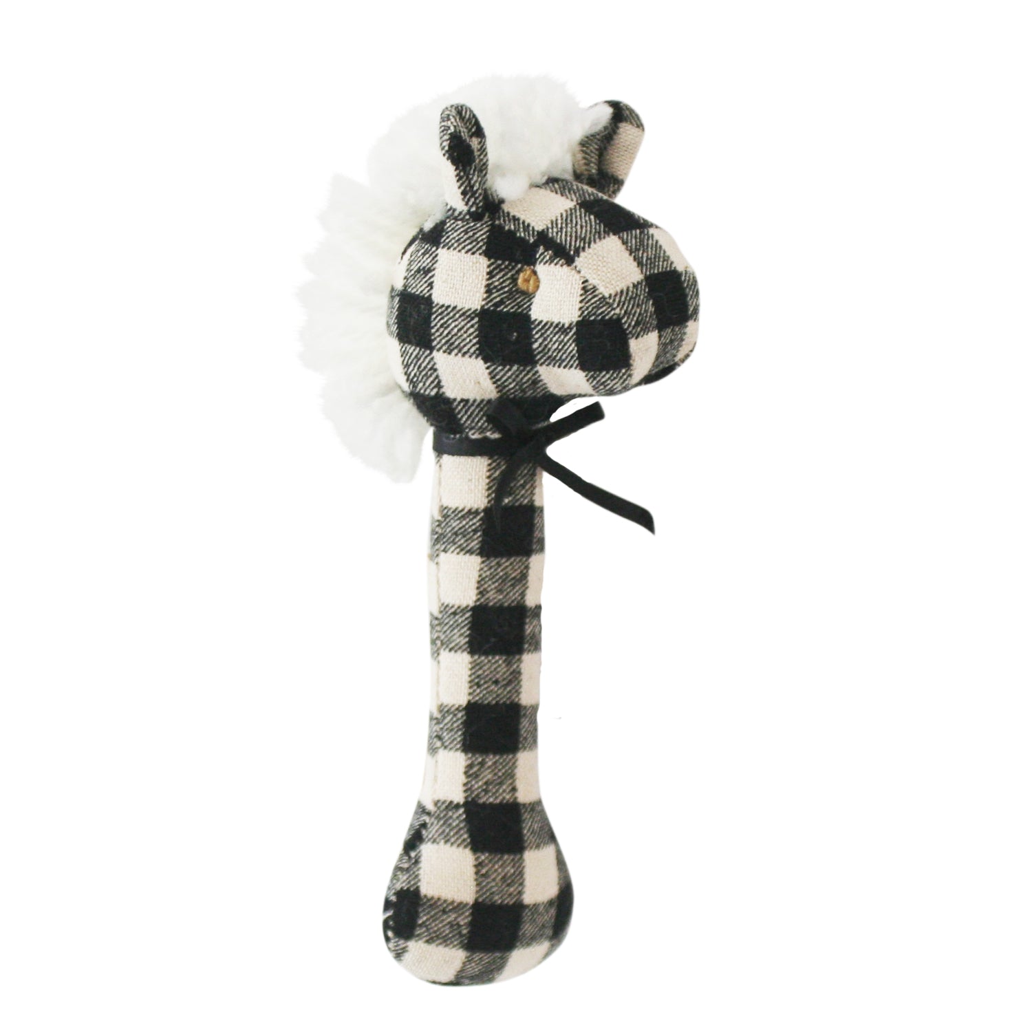 Checkered horse-shaped rattle on a white background