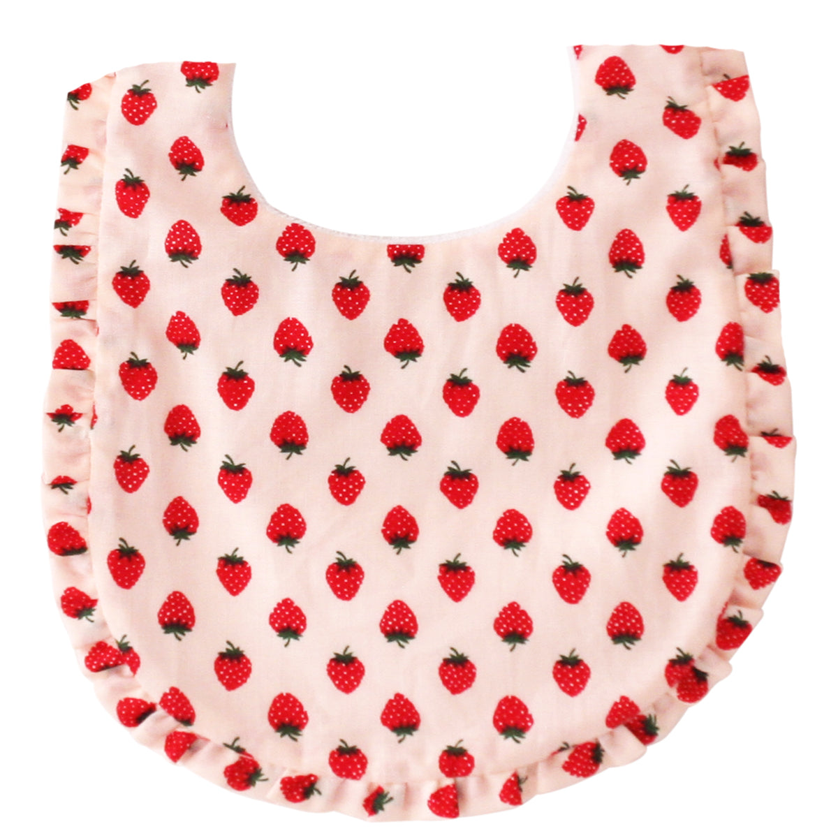 Baby bib with strawberry pattern on a white background