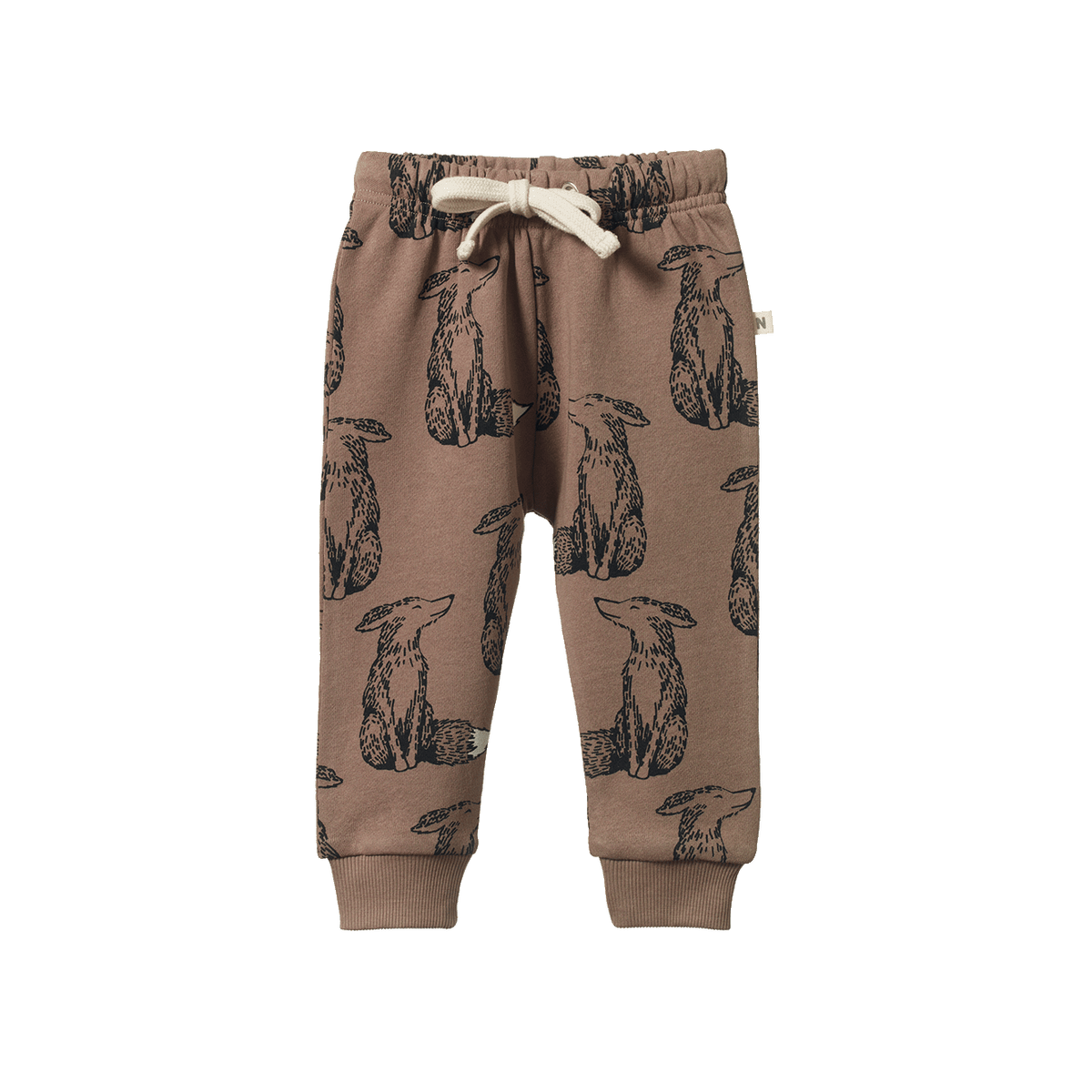 Brown children&#39;s jogger pants with fox animal print on a white background