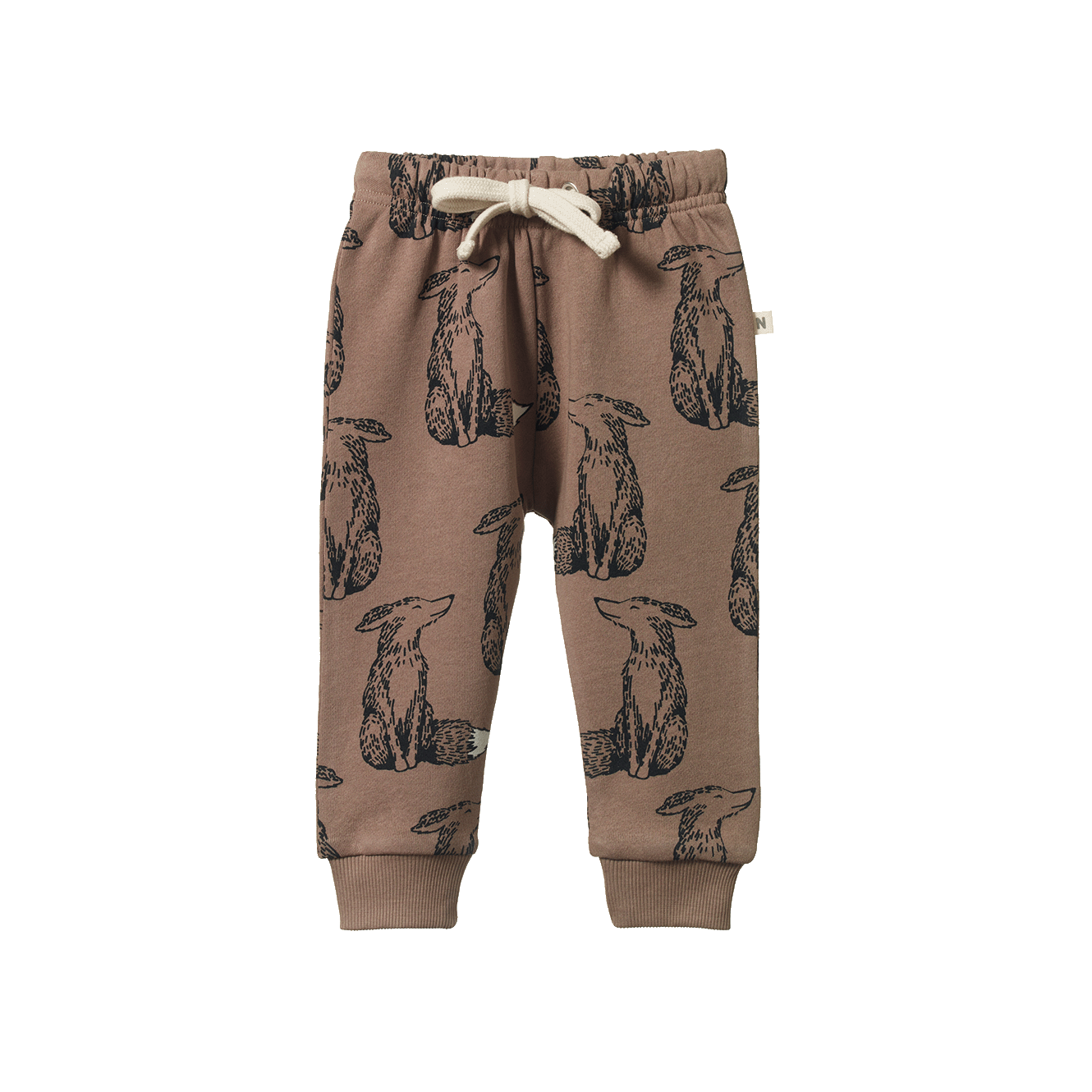 Brown children's jogger pants with fox animal print on a white background