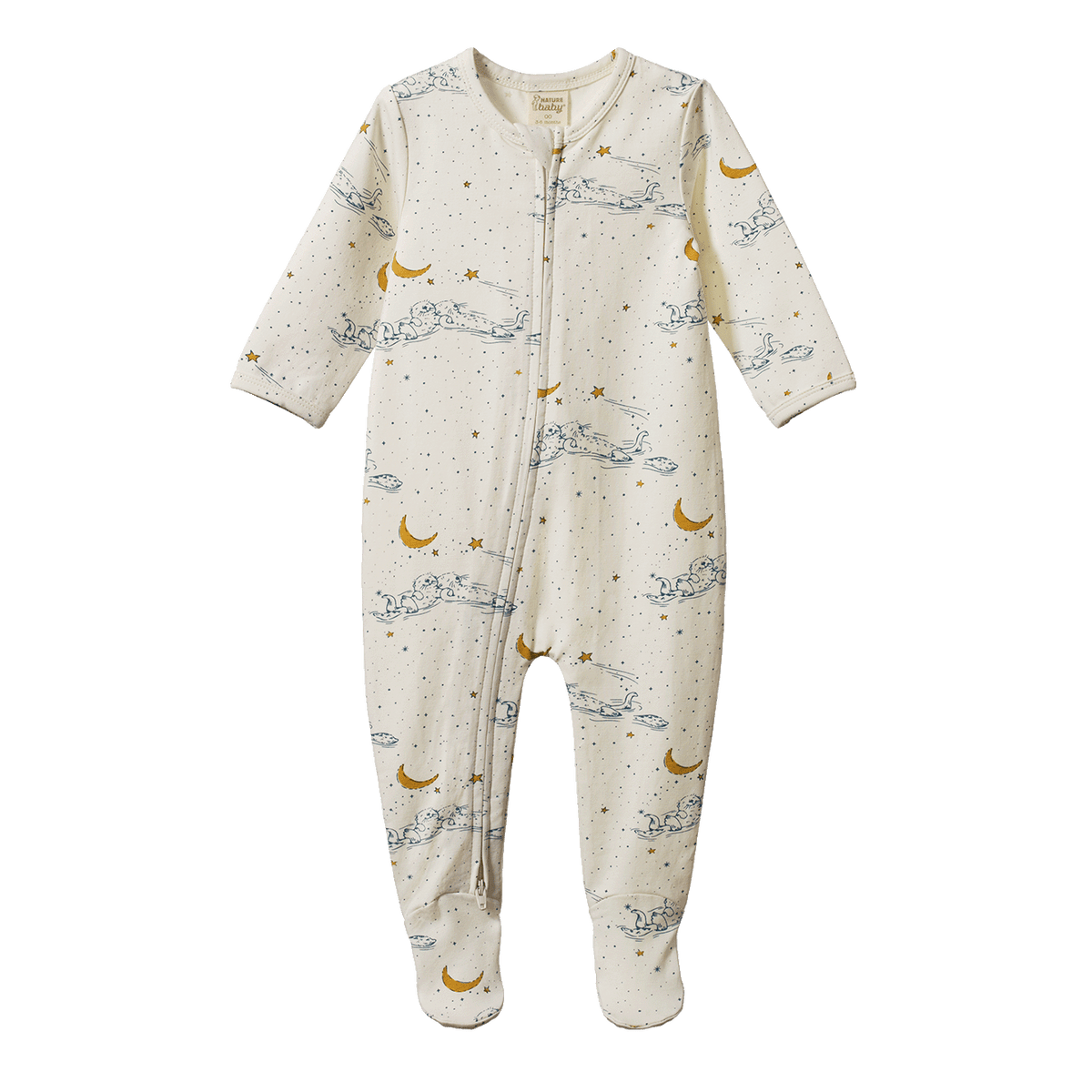 Baby onesie with an otter themed print on a white background