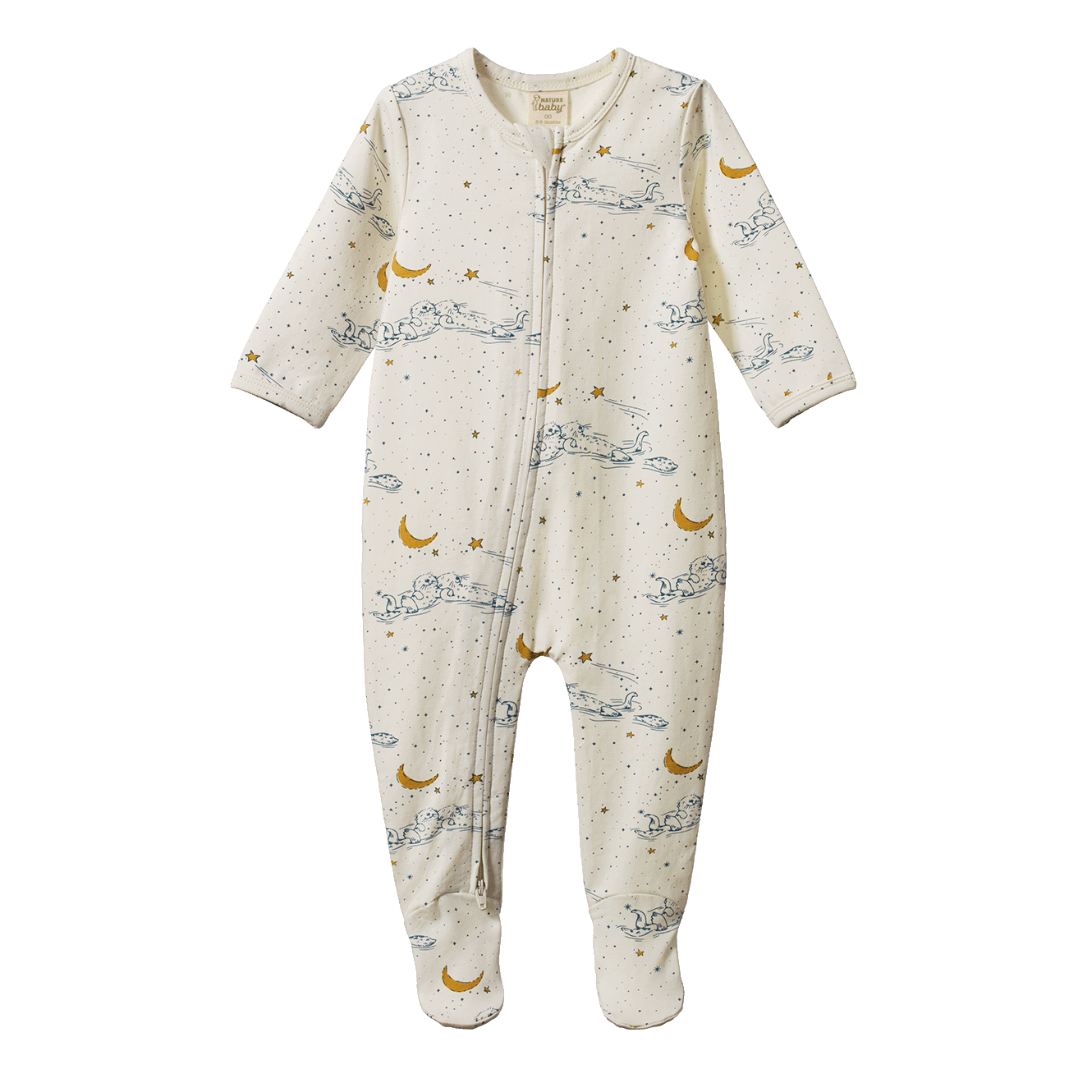 Baby onesie with an otter themed print on a white background