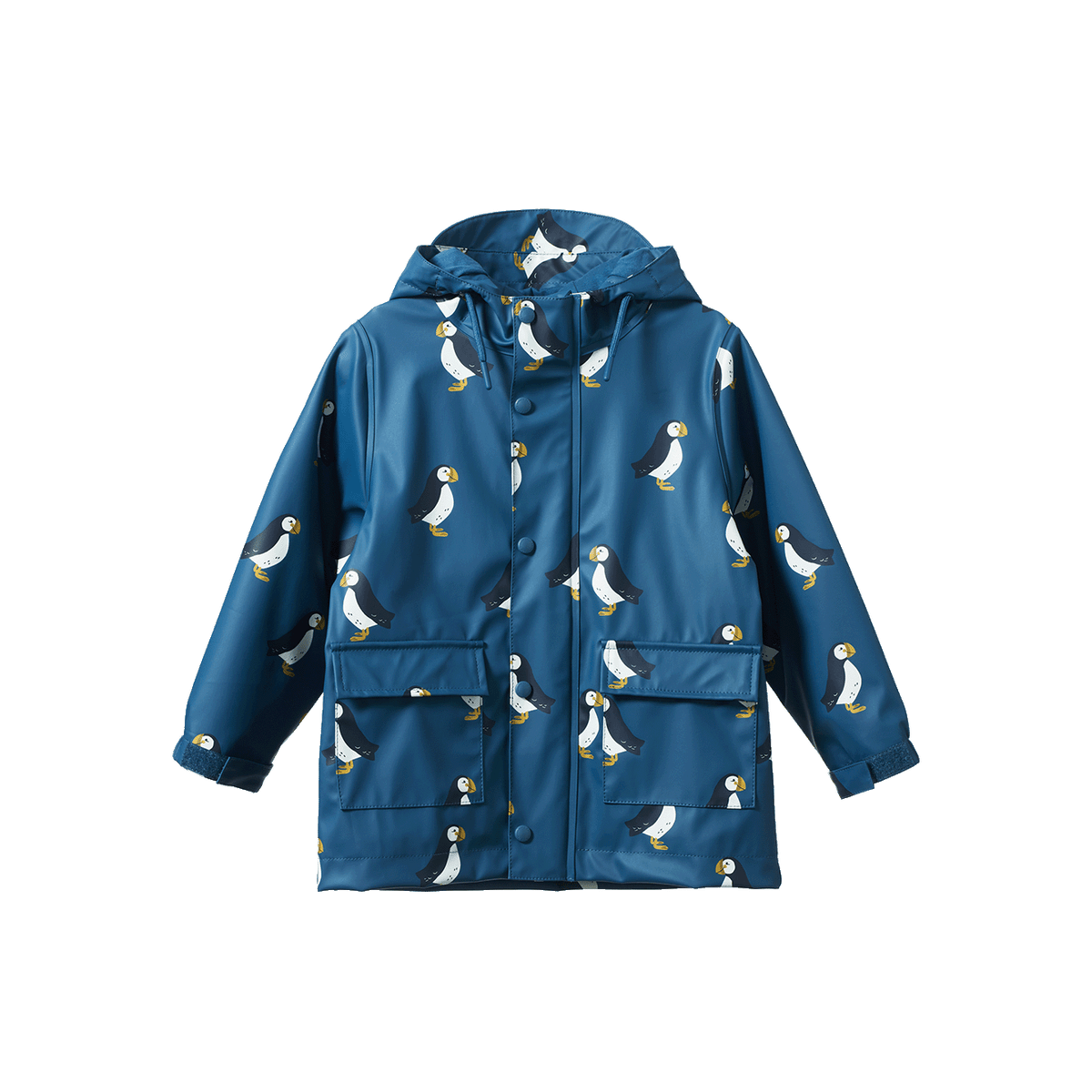 Blue raincoat with puffin pattern on a white background