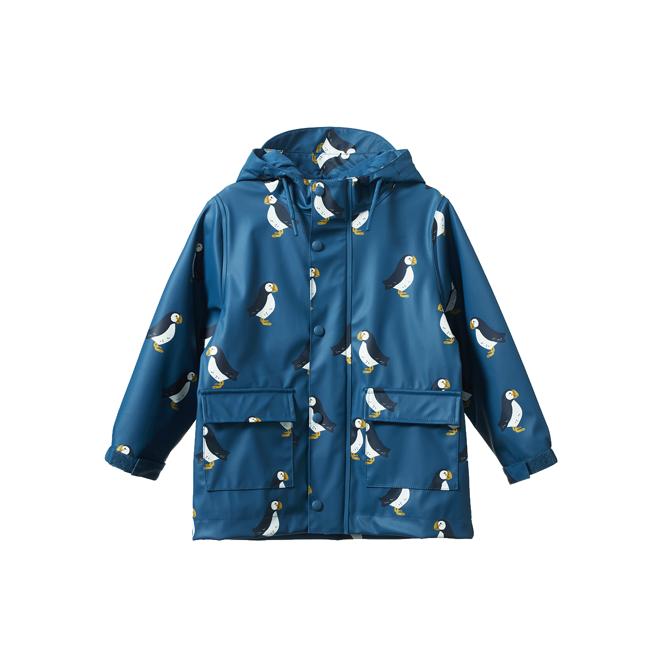 Blue raincoat with puffin pattern on a white background