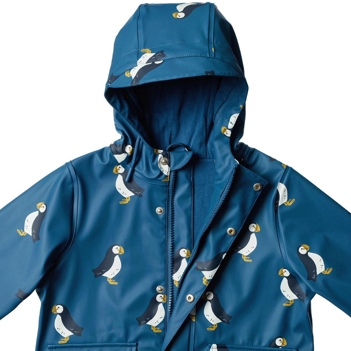 Blue raincoat with puffin pattern on a white background