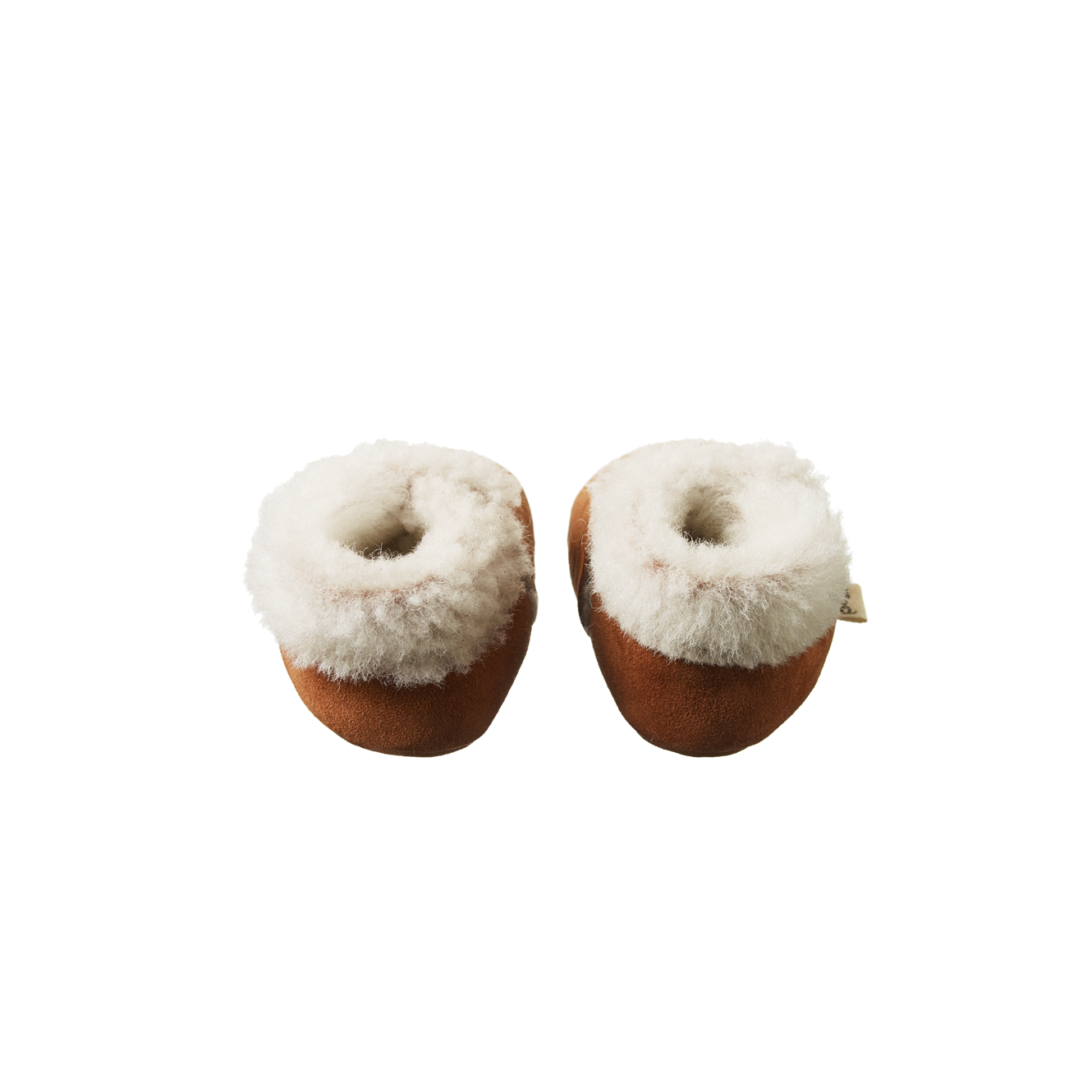 Pair of brown slippers with white fur trim on a white background