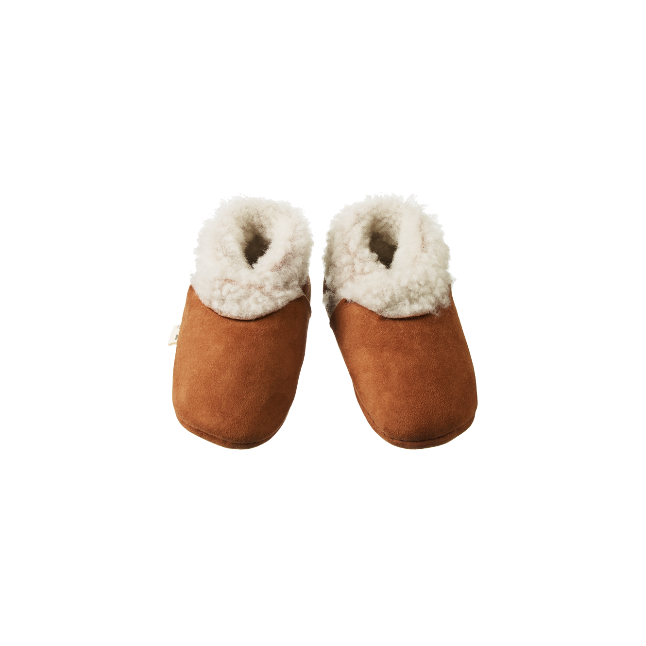 Pair of brown slippers with white fur trim on a white background