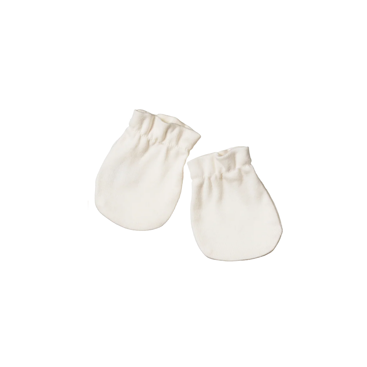 A pair of soft cream-colored cotton baby mittens with gathered elastic cuffs, displayed on a clean white background.