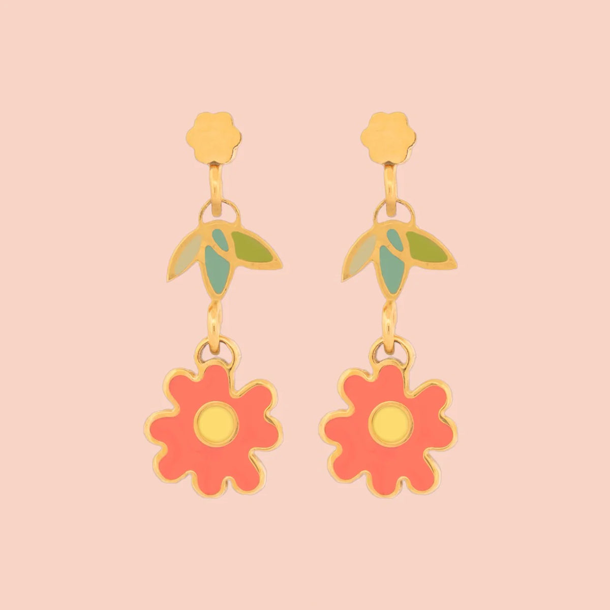 Coral and Green Flower Drop Earrings