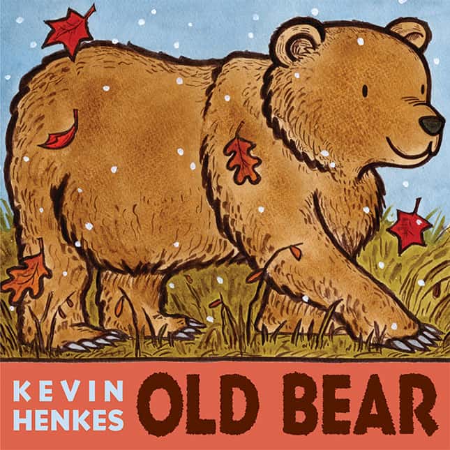 Illustration of a bear with fall leaves on a book cover titled 'Old Bear' by Kevin Henkes.