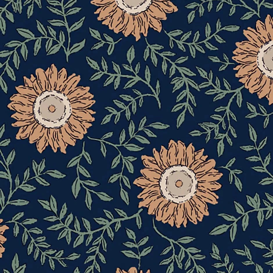 Pattern of sunflowers and leaves on a dark blue background