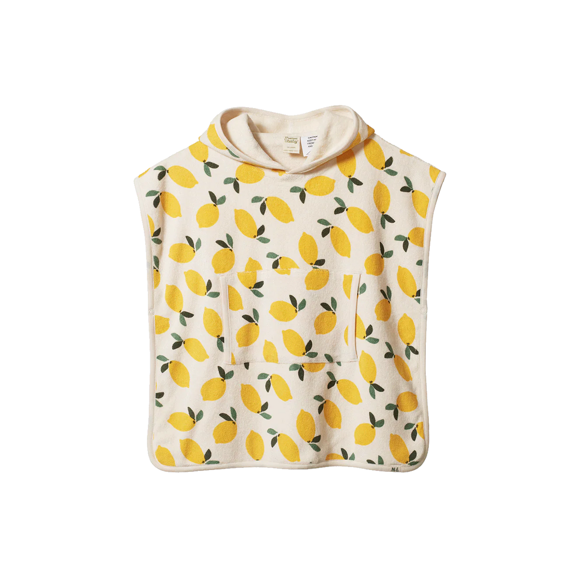 Baby poncho with lemon pattern on a white background
