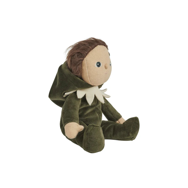 Plush toy with green hooded outfit on a white background