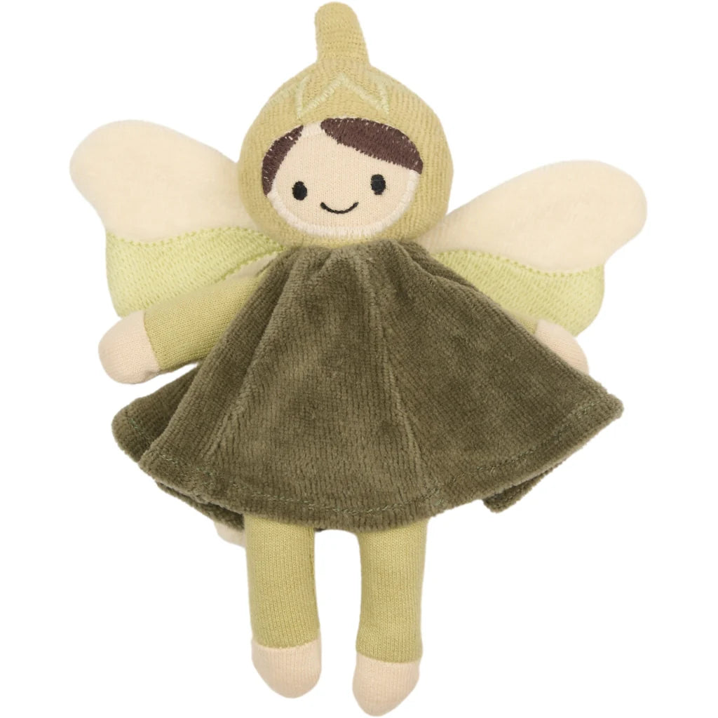 Plush fairy toy with green dress and beige wings on a white background