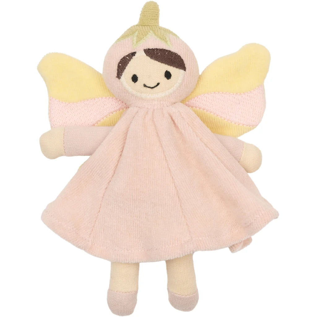 Plush toy fairy with pink dress and yellow wings on a white background