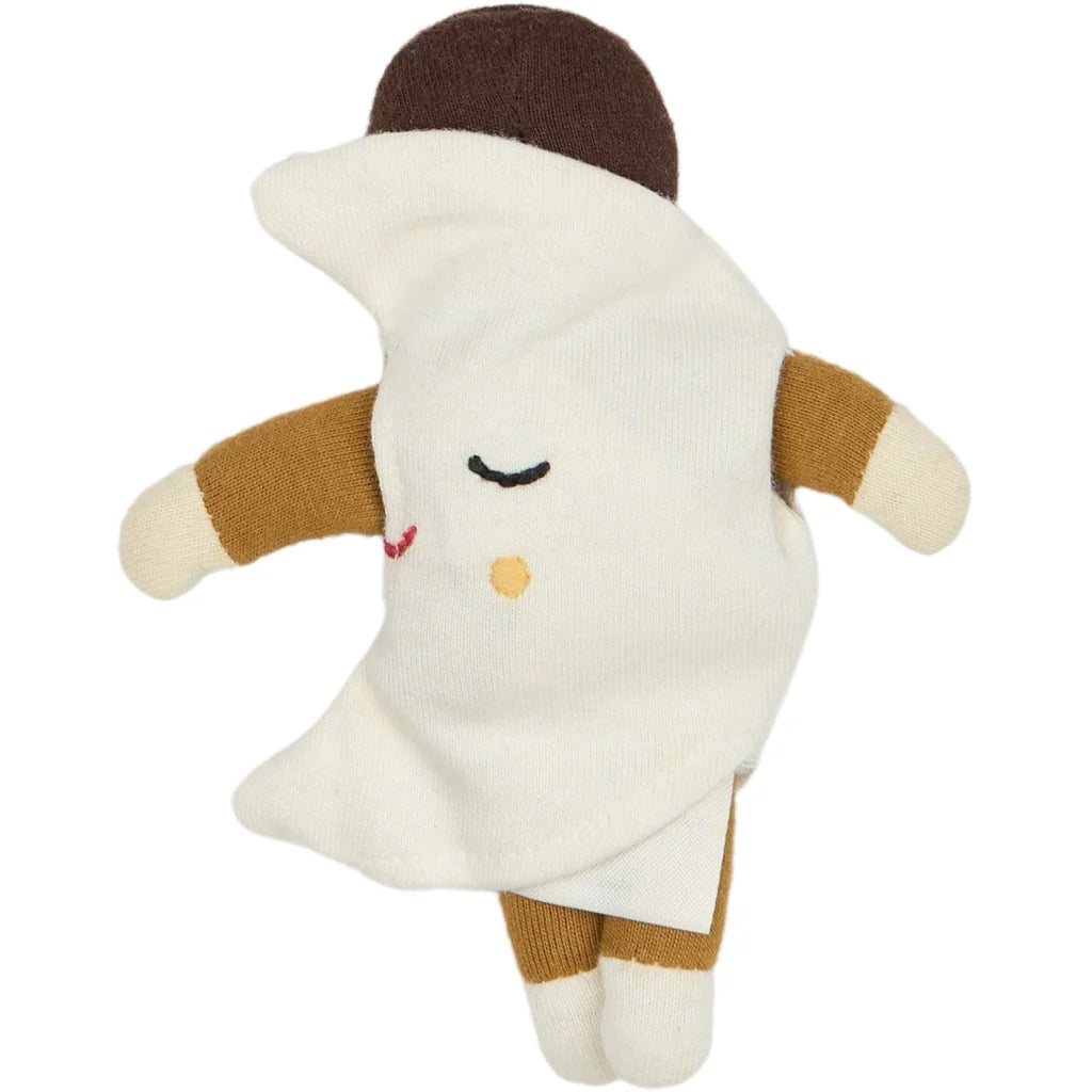 Stuffed toy with a white moon costume and brown sleeves on a white background