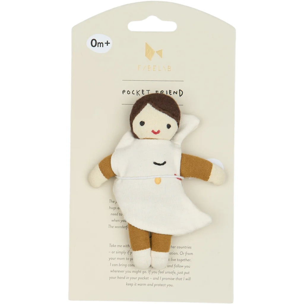 Plush toy with packaging labeled 'Pocket Friend' on a white background