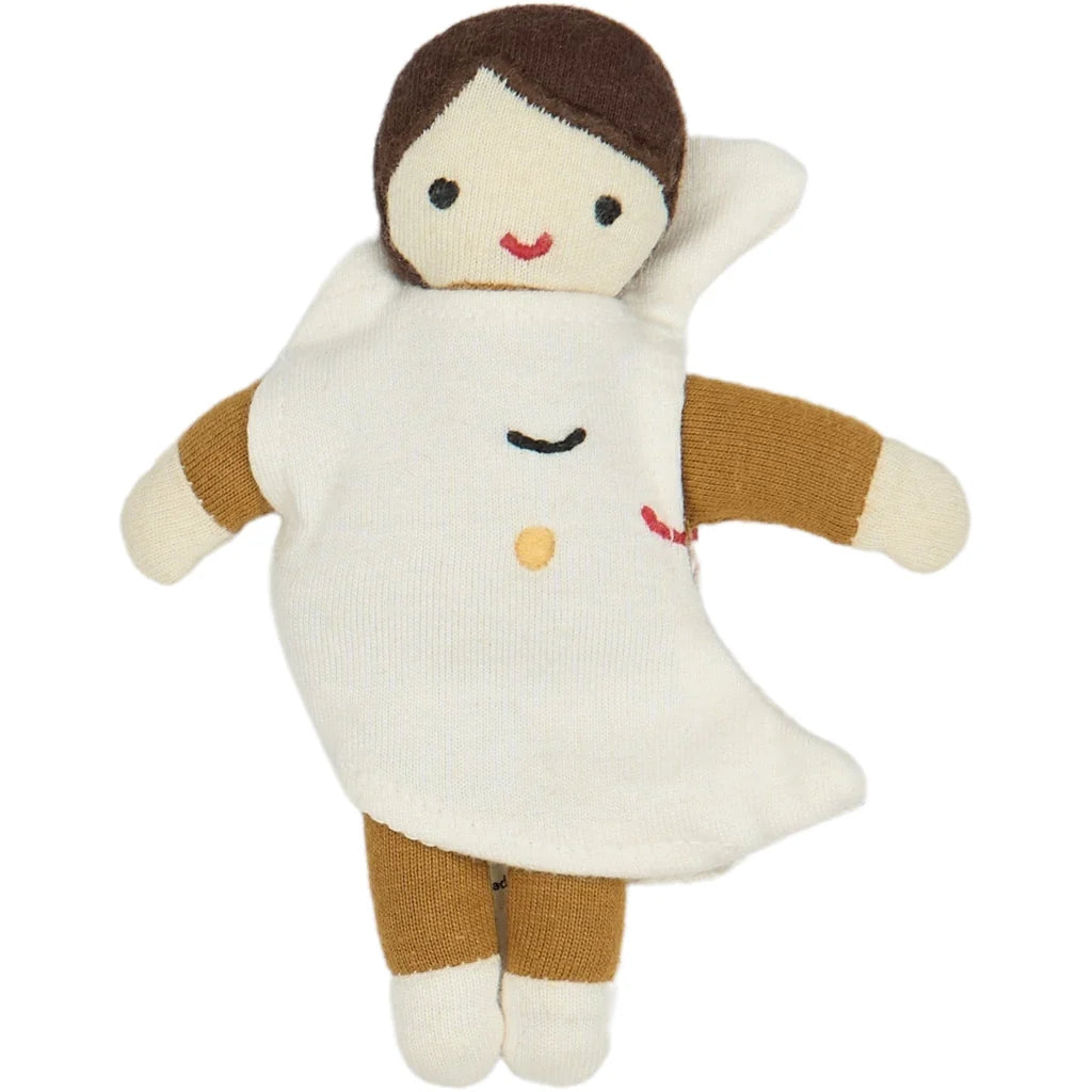 Stuffed toy with a white moon costume and brown sleeves on a white background