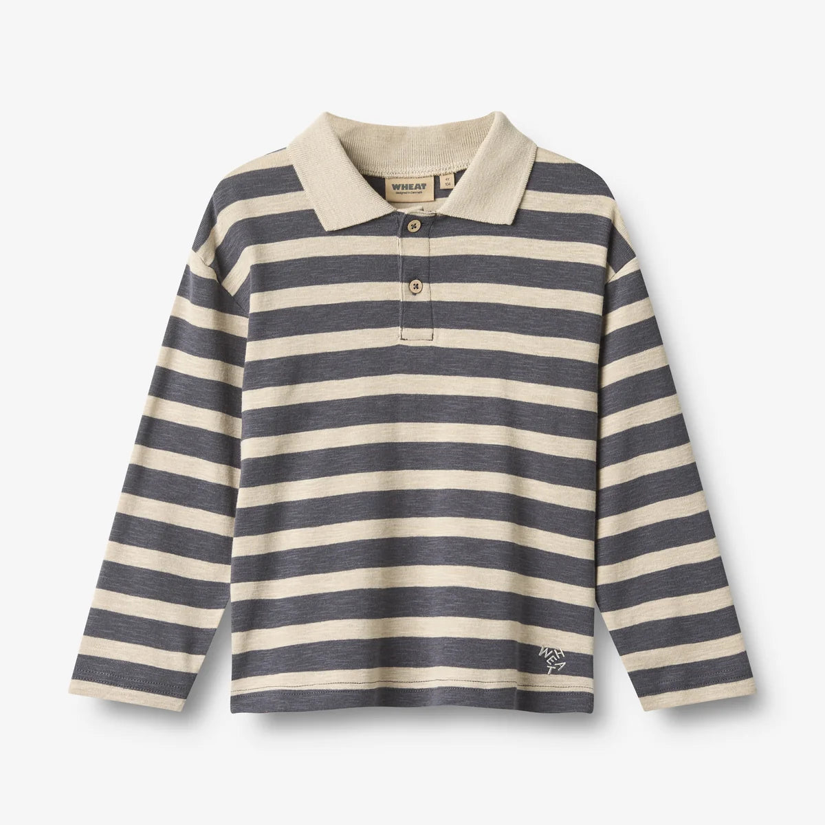 A long-sleeve polo shirt with horizontal navy and beige stripes, featuring a solid beige collar and a three-button placket, shown against a light gray background.