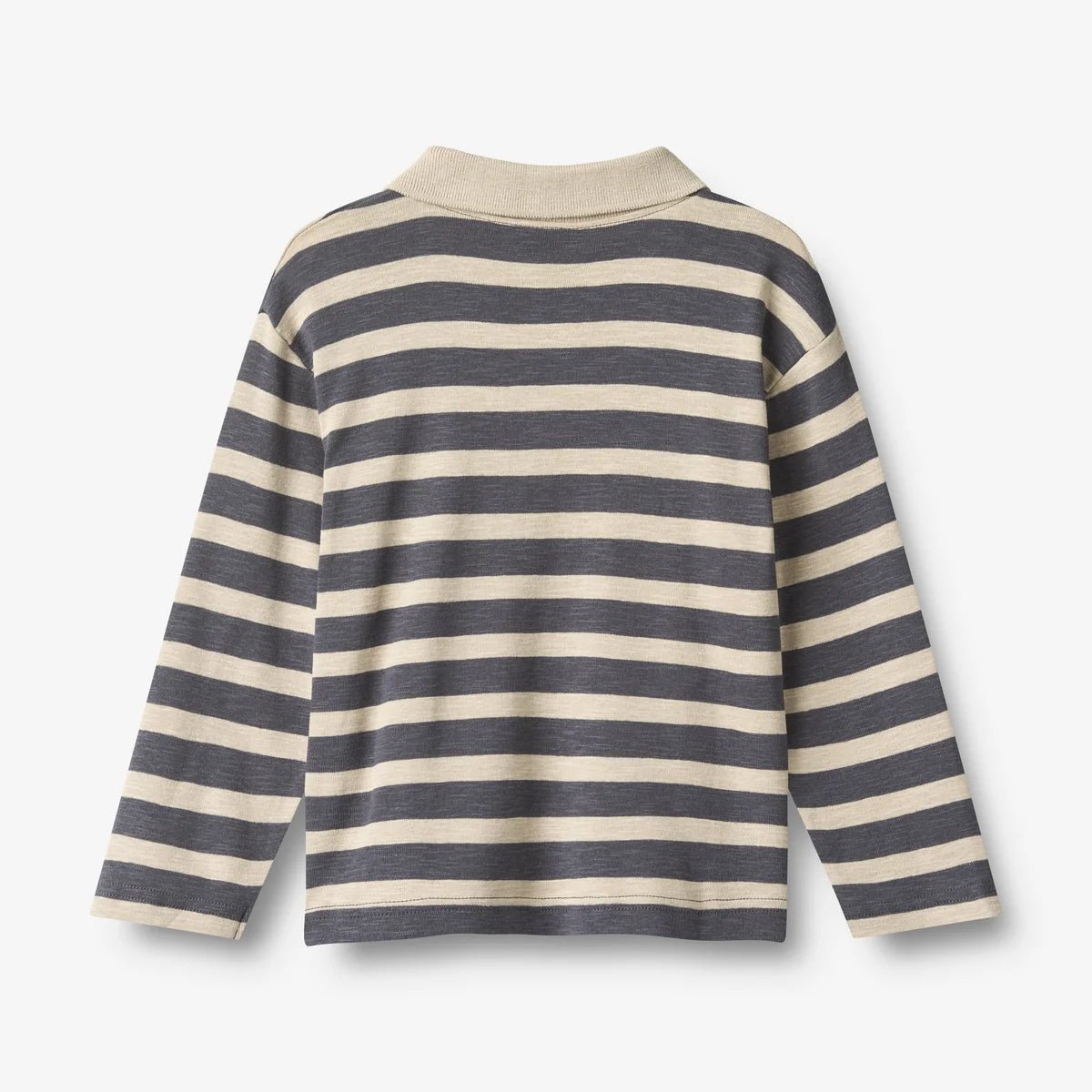 A long-sleeve knit top with horizontal stripes in dark charcoal gray and cream, featuring a solid cream ribbed mock neck collar, shown against a light gray background.
