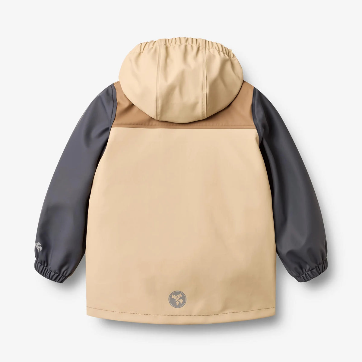 Beige and gray jacket with hood on a light gray background