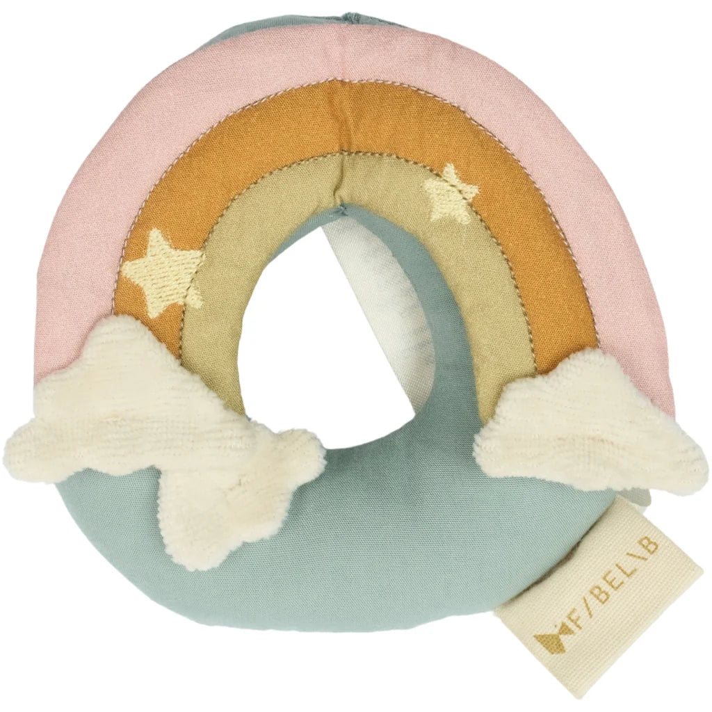 Colorful rainbow-shaped toy with clouds and a brand tag on a white background