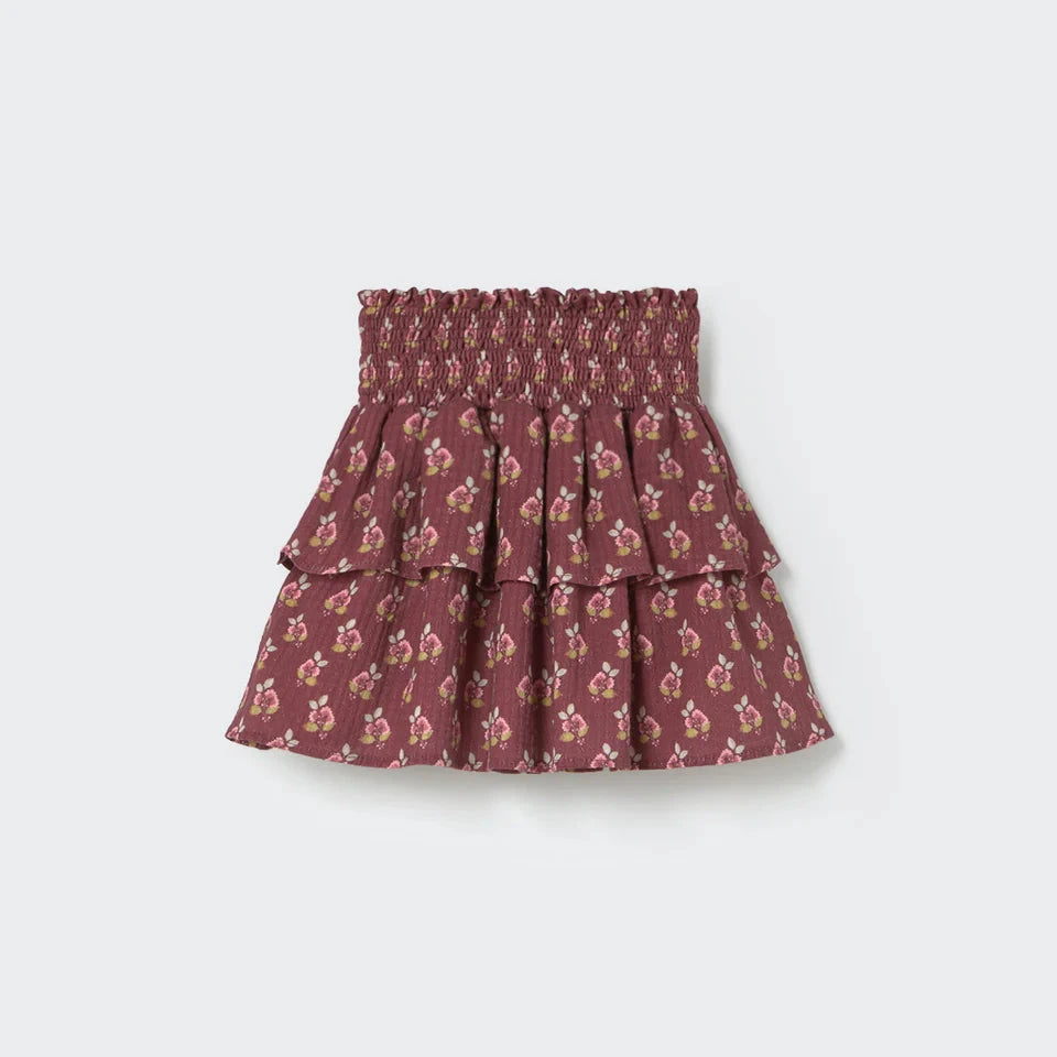 Maroon floral tiered skirt on a white background