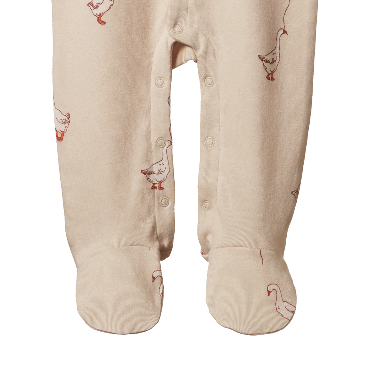 Beige baby one piece  with duck pattern on a white background