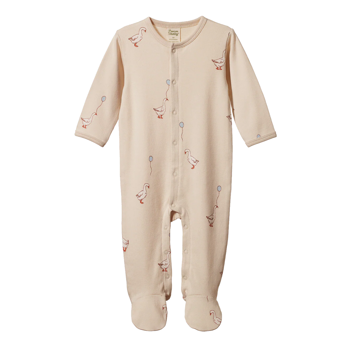 Beige baby one piece with duck designs on a white background