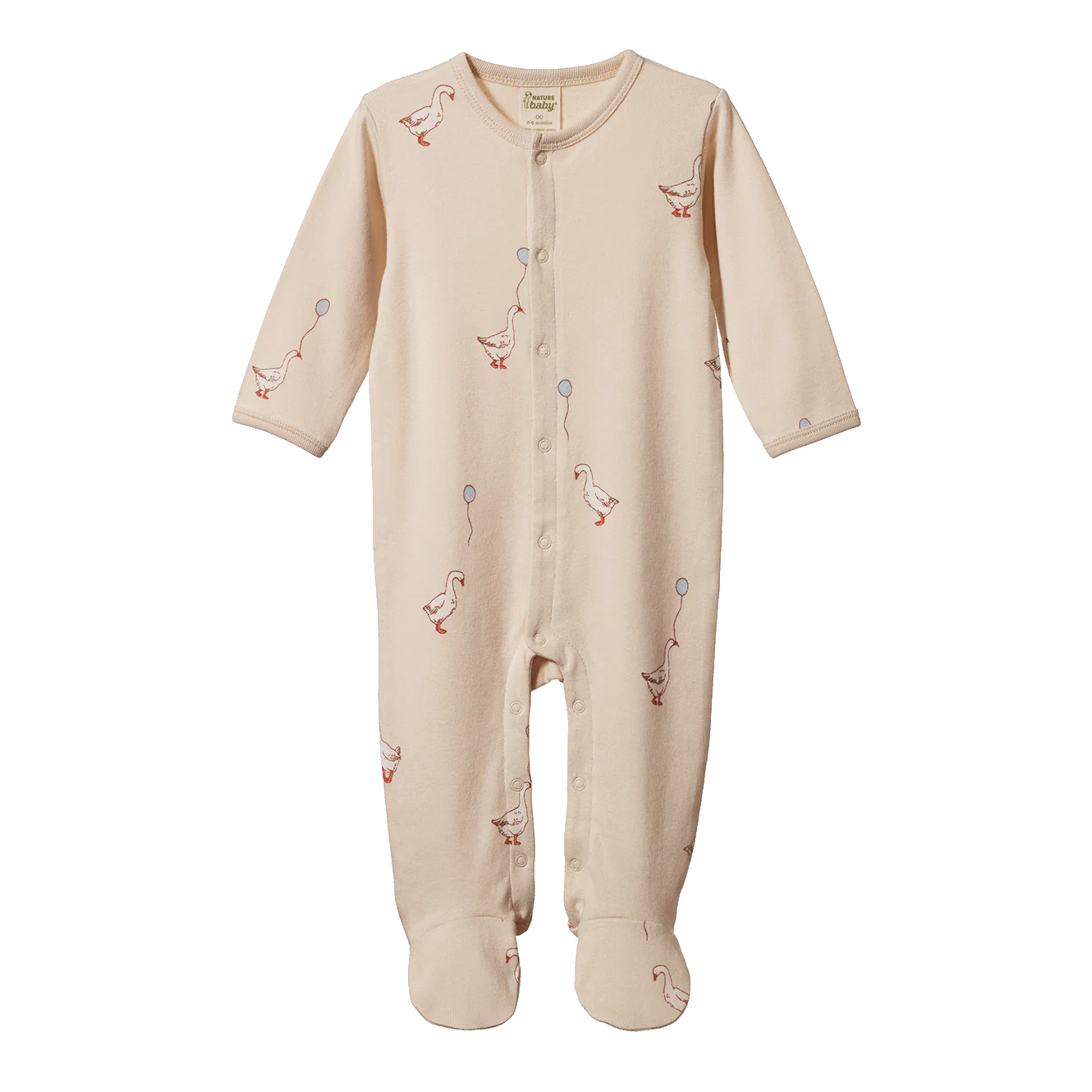 Beige baby one piece with duck designs on a white background