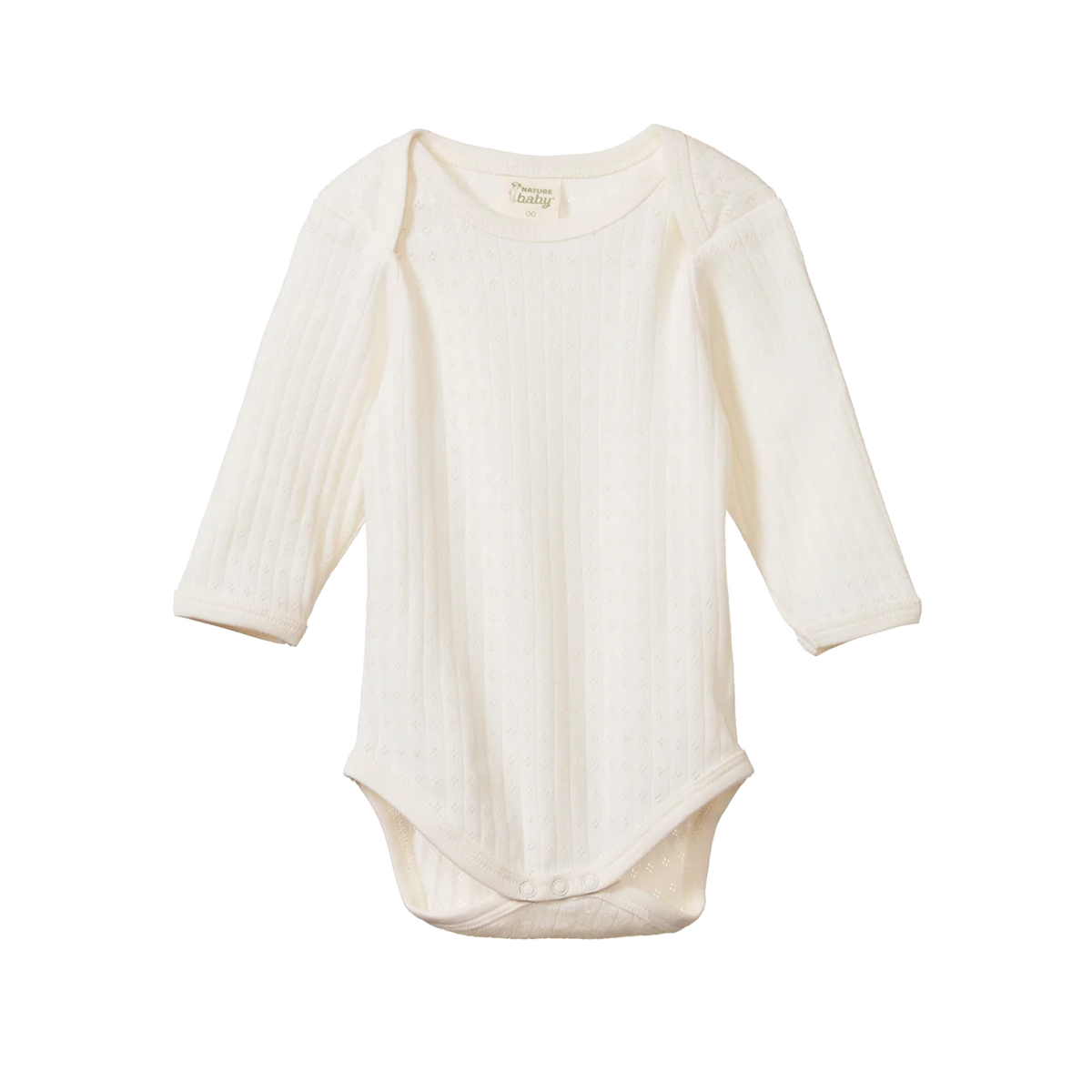 An off-white long-sleeve ribbed bodysuit for babies, shown flat against a solid white background.