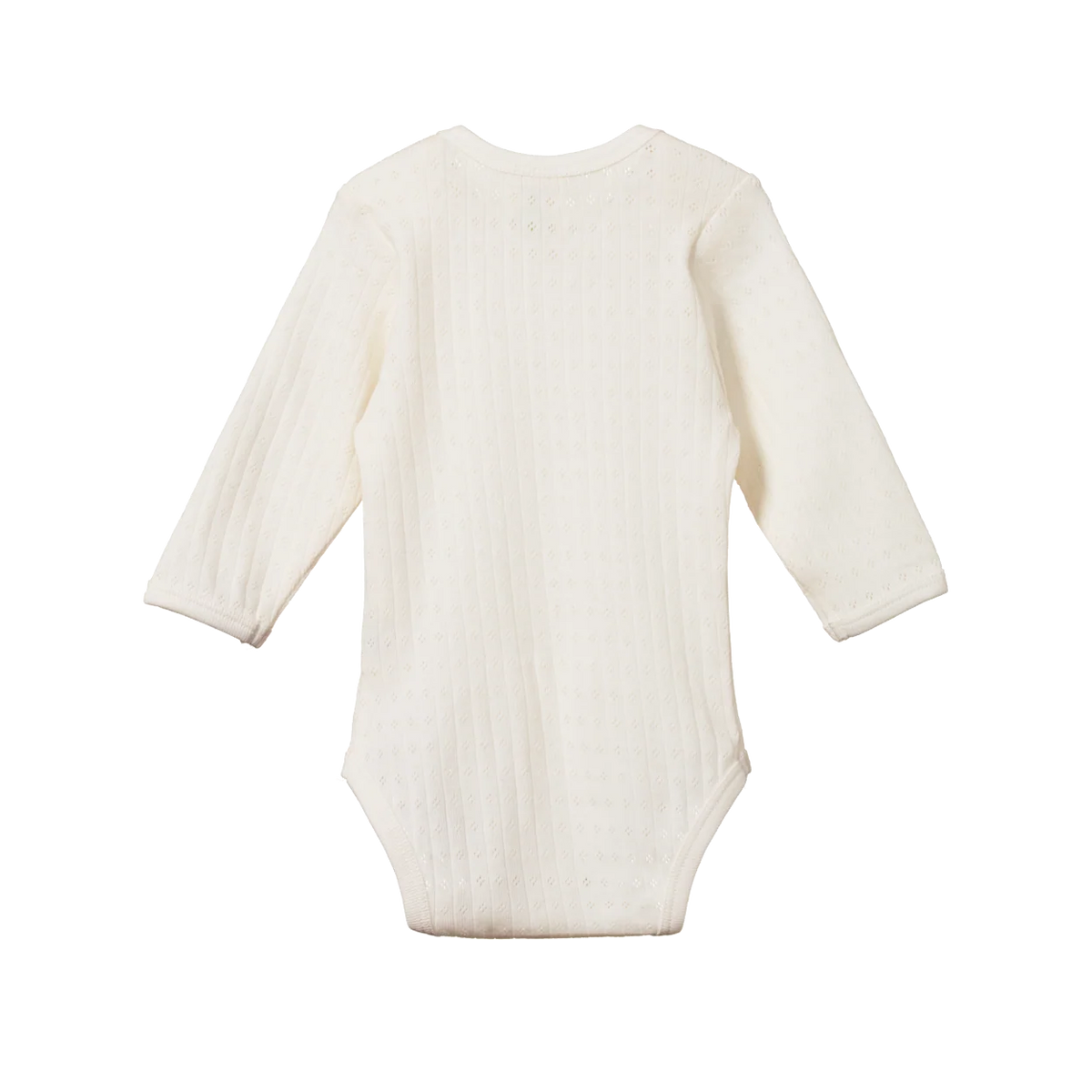 An off-white long-sleeve ribbed bodysuit shown from the back, featuring a crew neck and snap closures at the crotch, photographed on a solid white background.