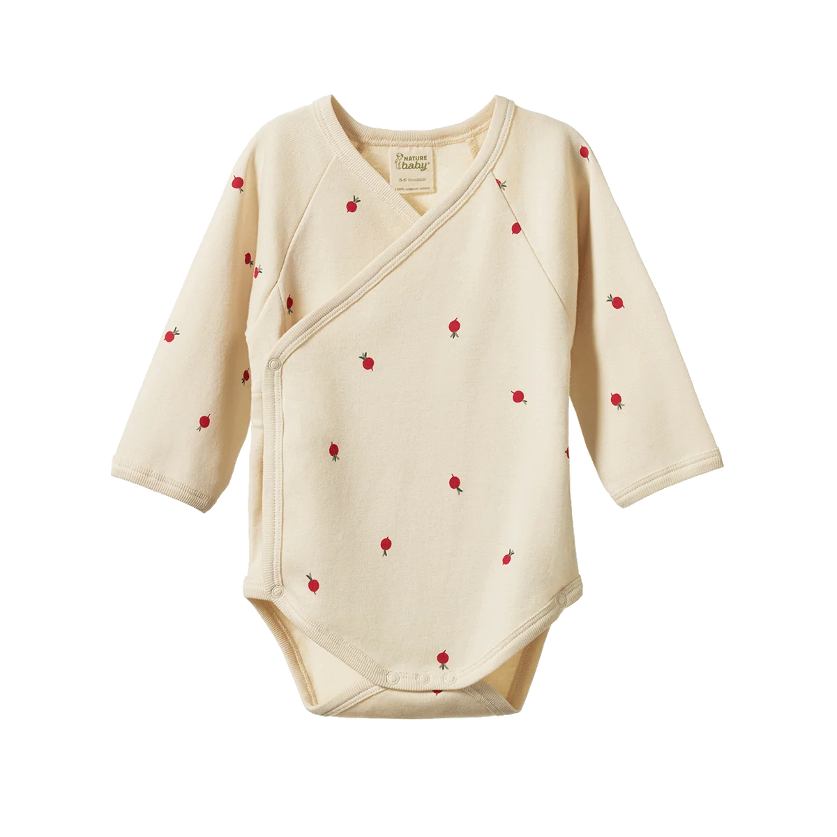 Beige baby wrap with red radish patterns on a white background