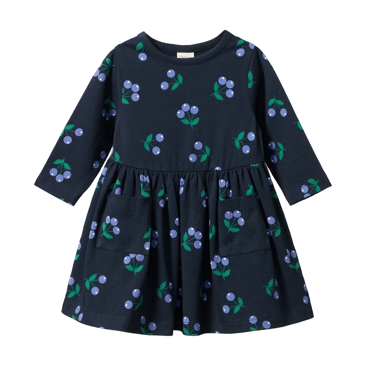 Navy blue dress with floral pattern on a white background