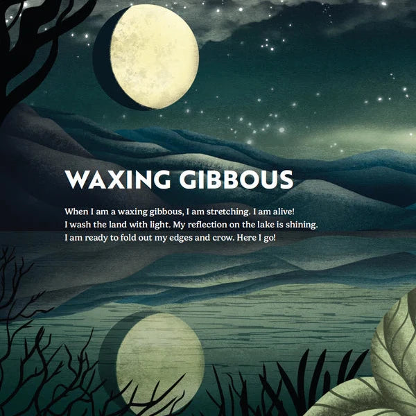 Moonlit landscape with a waxing gibbous moon and text about its phase.
