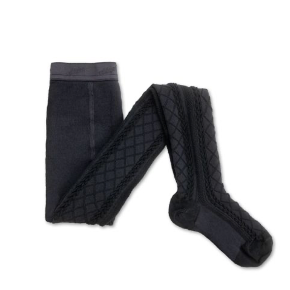 Black knit tights with a textured diamond-patterned leg section and braided trim, displayed on a white background.