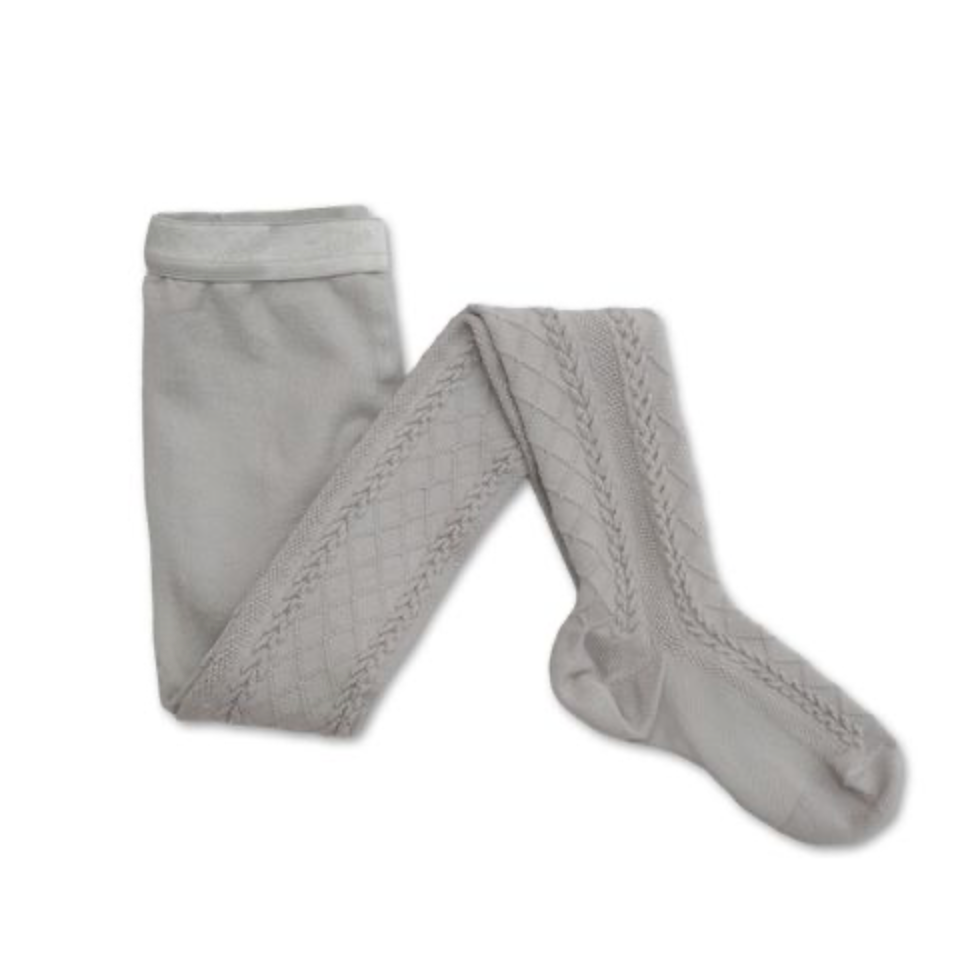 A pair of light gray knit tights with a textured diamond pattern and braided trim, displayed on a plain white background.