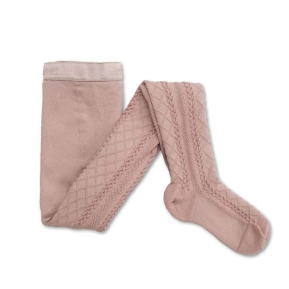 A pair of dusty pink knit tights with a diamond lattice pattern and braided trim, displayed on a white background.
